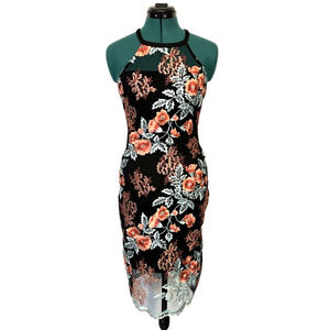 Guess Women Bodycon Knee Length Dress Sleeveless‎ Embroidered Floral Halter Sz 2